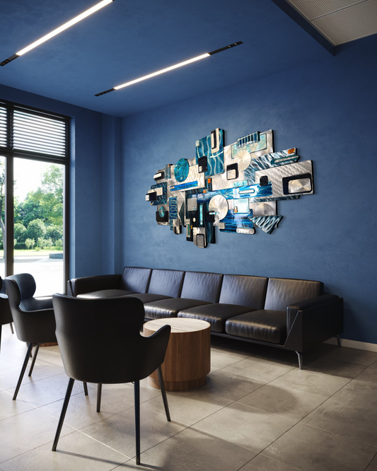 Abstract 60 inch - one of a kind - Special Edition featuring blacks silvers teals and blue Pete Koza Metal Art