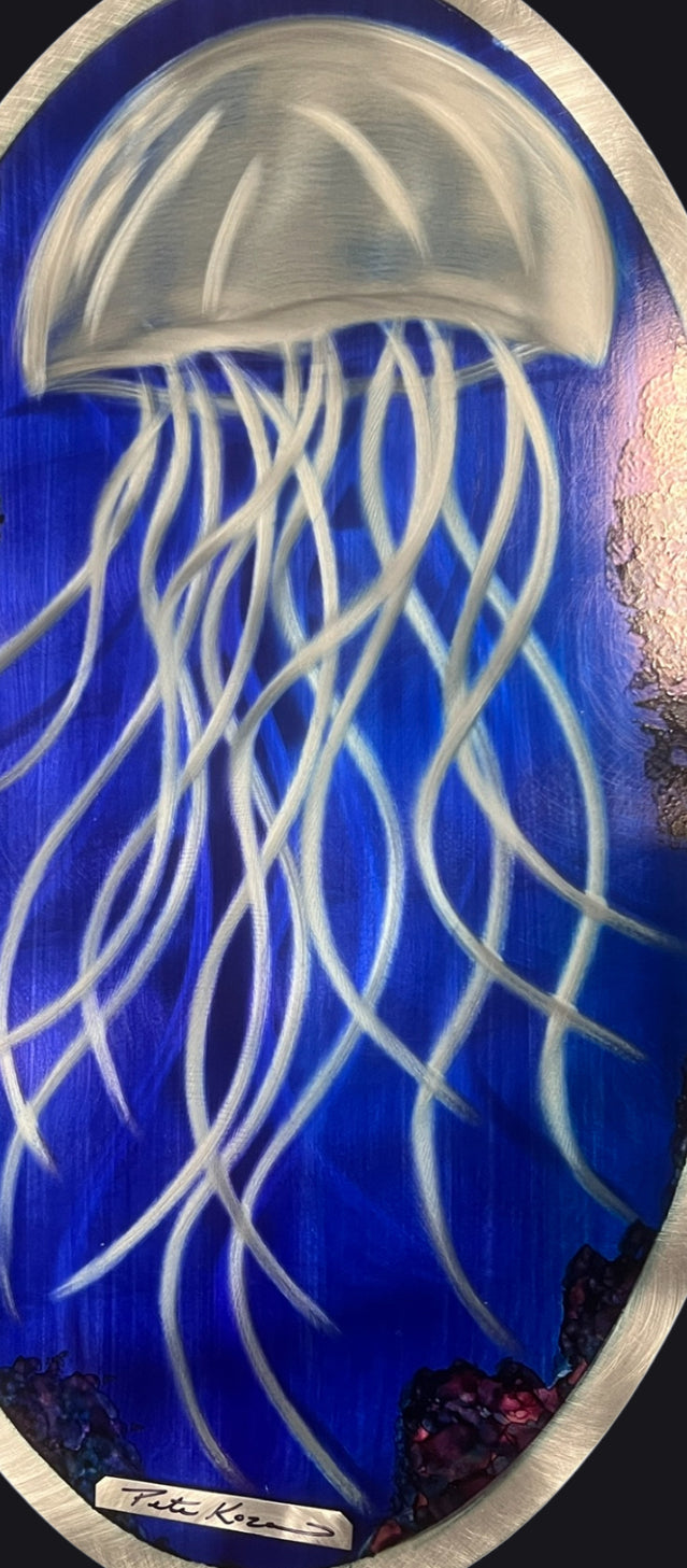 Jelly fish oval decor Pete Koza Metal Art