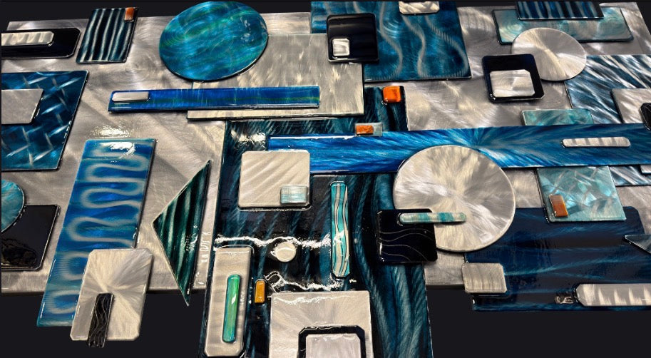 Abstract 60 inch - one of a kind - Special Edition featuring blacks silvers teals and blue Pete Koza Metal Art