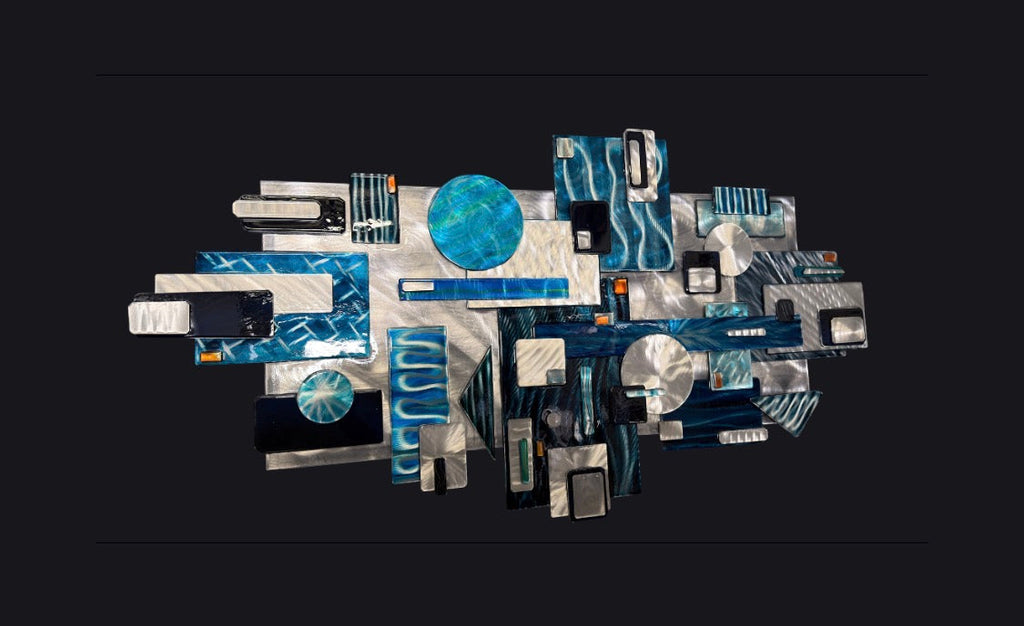 Abstract 60 inch - one of a kind - Special Edition featuring blacks silvers teals and blue Pete Koza Metal Art