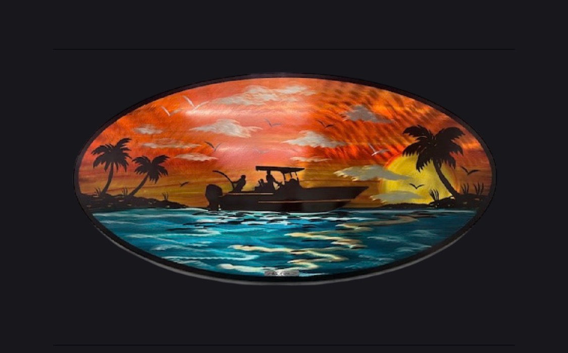Oval Boater Island Scene - Each "One Of A Kind" MADE TO ORDER Pete Koza Metal Art
