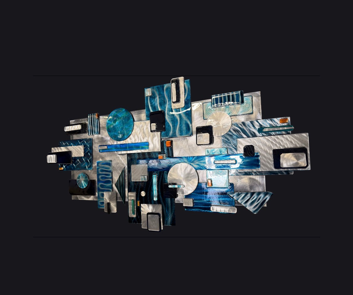 Abstract 60 inch - one of a kind - Special Edition featuring blacks silvers teals and blue Pete Koza Metal Art