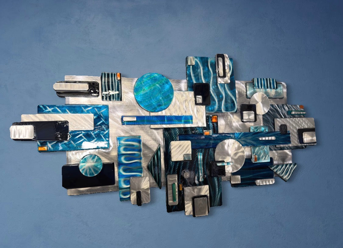 Abstract 60 inch - one of a kind - Special Edition featuring blacks silvers teals and blue Pete Koza Metal Art
