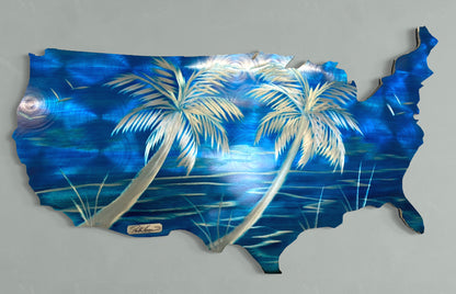 USA map, Tropical Edition Blue Skies + Color and Size Options Pete Koza Metal Art