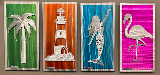 4 Piece Set Mermaid, Palm Tree, Lighthouse, Flamingo - Pete Koza Metal Art