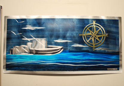 Golden compass boat day 12"x24" PETE KOZA METAL ART