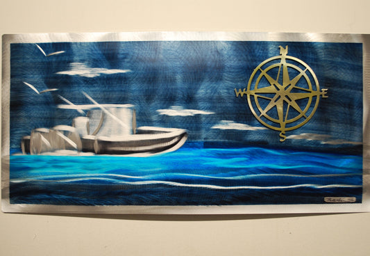 Golden compass boat day 12"x24" PETE KOZA METAL ART