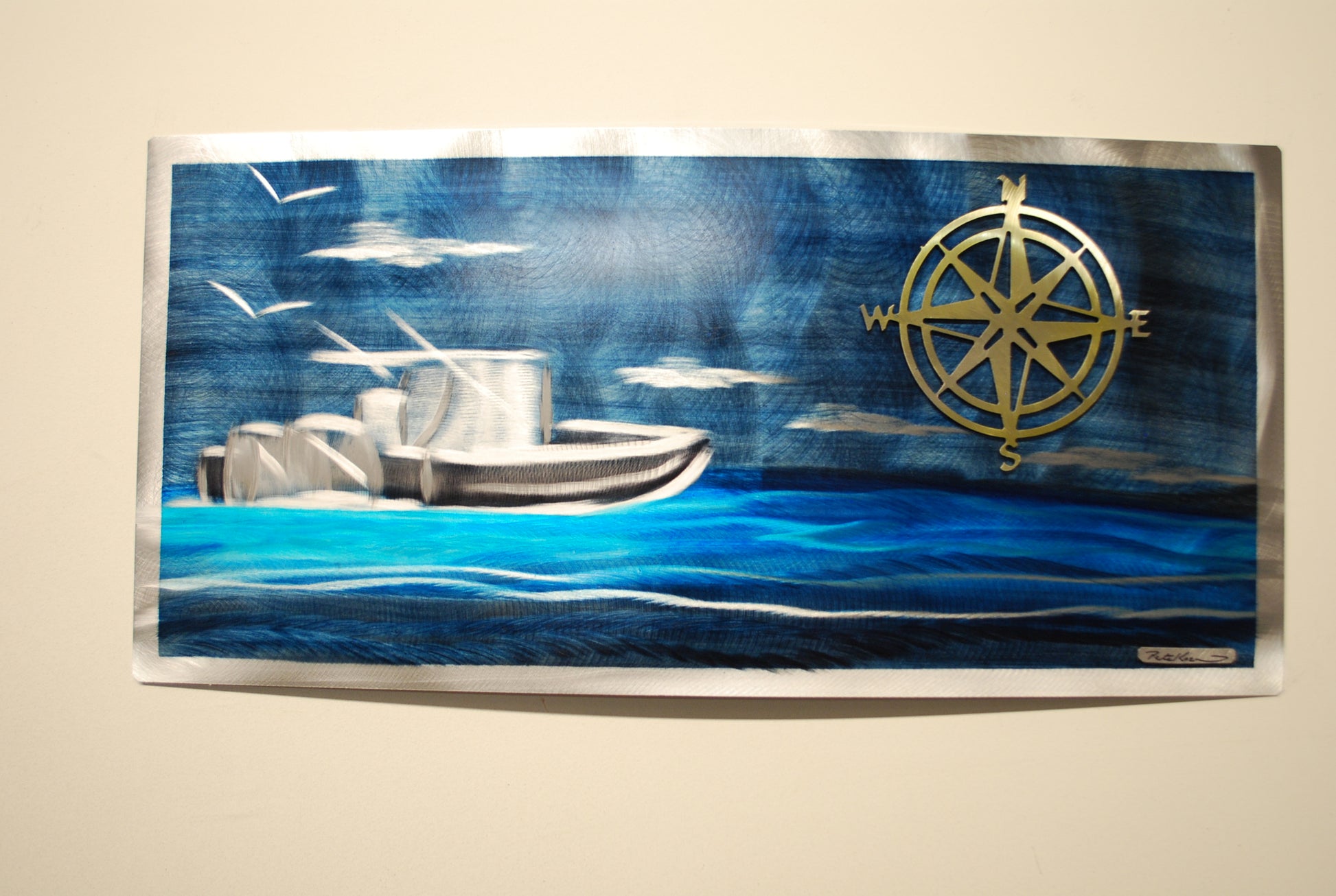 Golden compass boat day 12"x24" PETE KOZA METAL ART