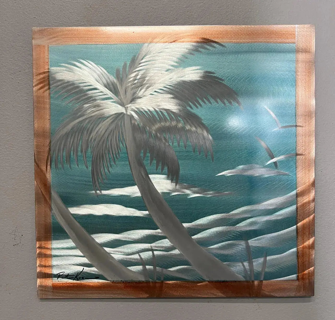 Teal Skies Palm 12 x 12 inch Pete Koza Metal Art