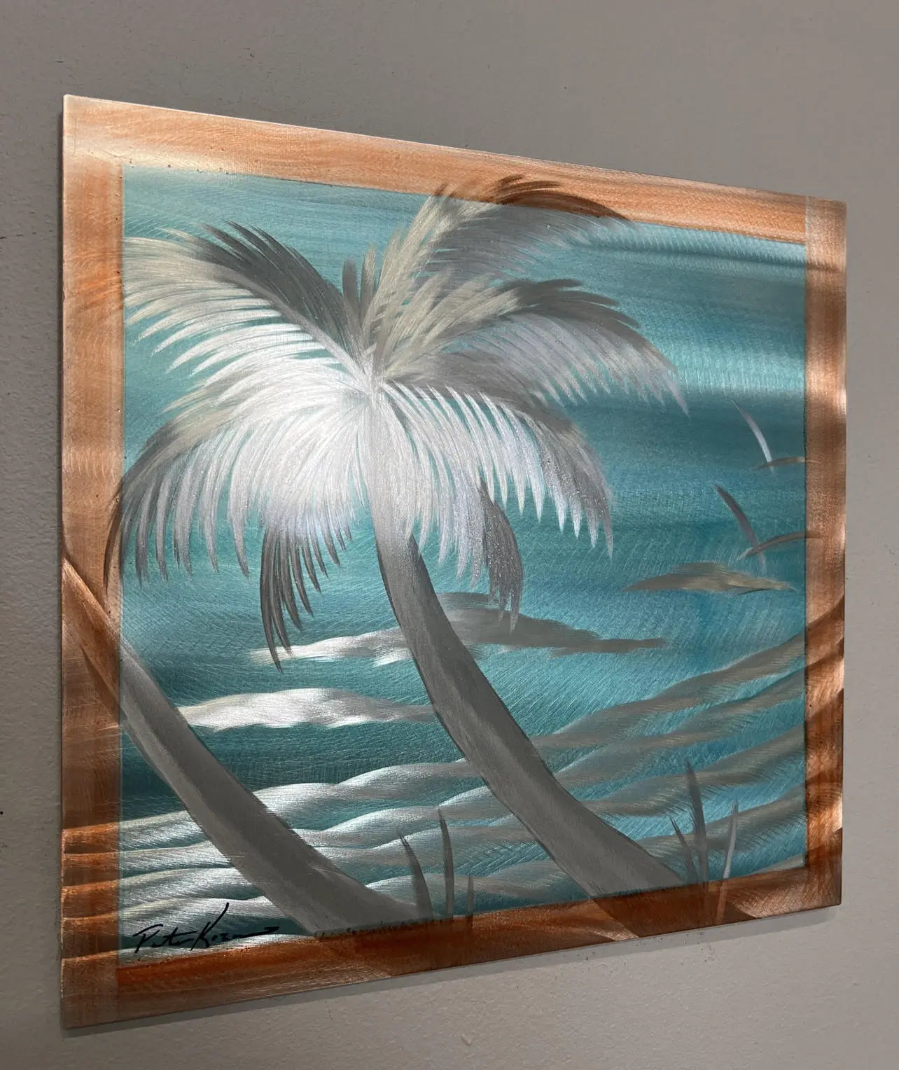 Teal Skies Palm - Pete Koza Metal Art