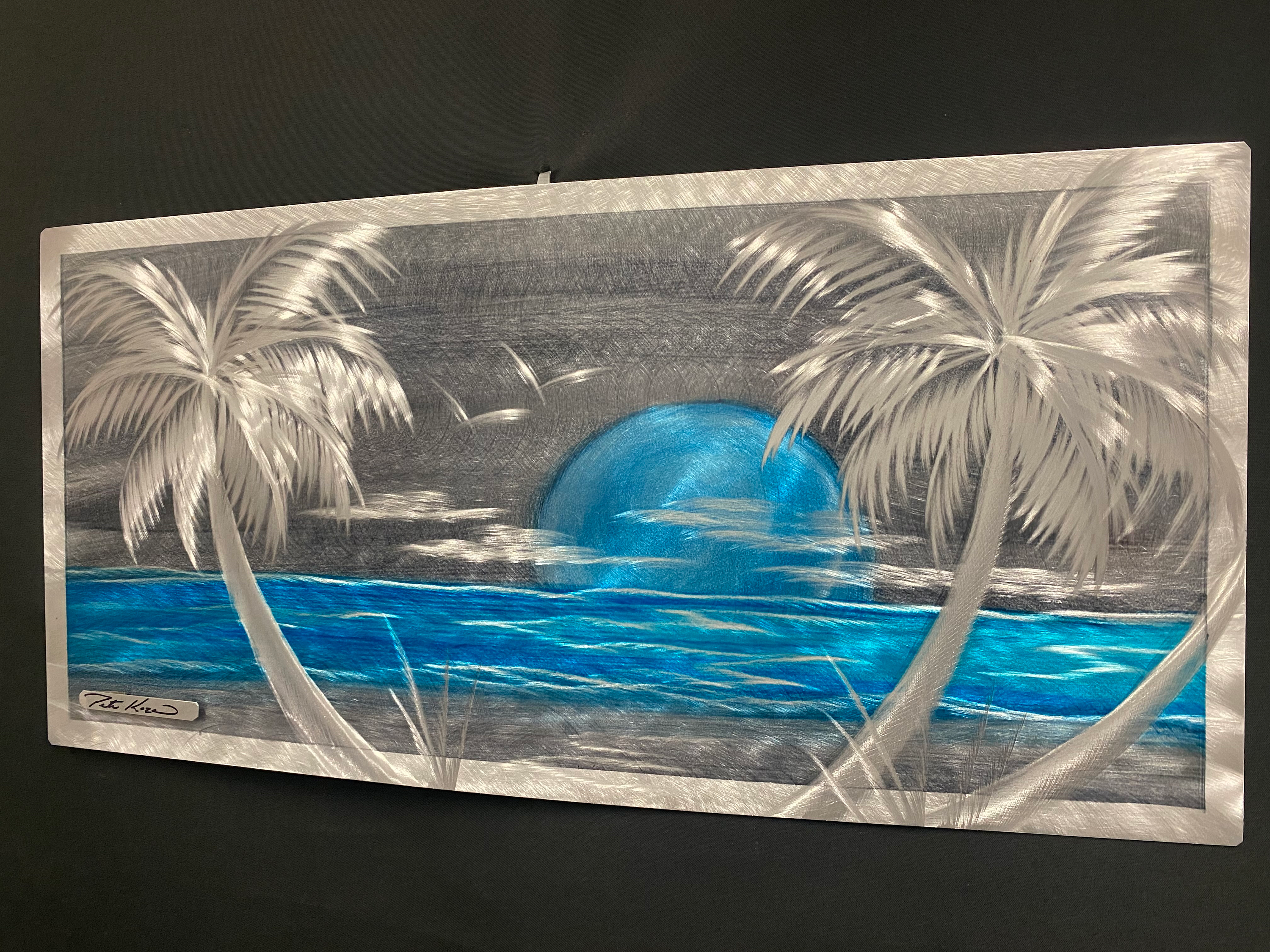 Aqua Blue Silver Palms Scene PETE KOZA METAL ART