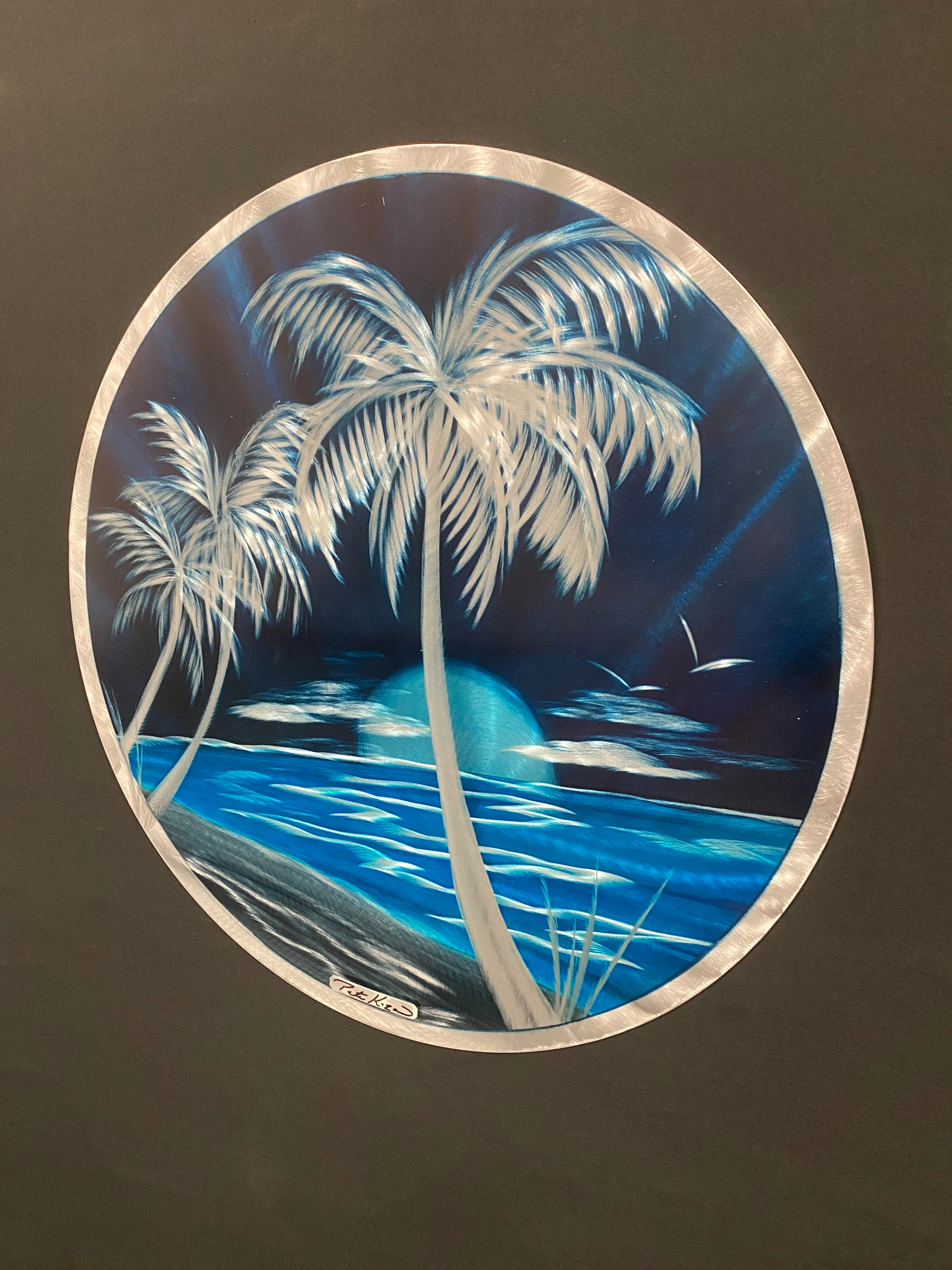 Blue Ocean/Sky Silver Palms Circle Pete Koza Metal Art