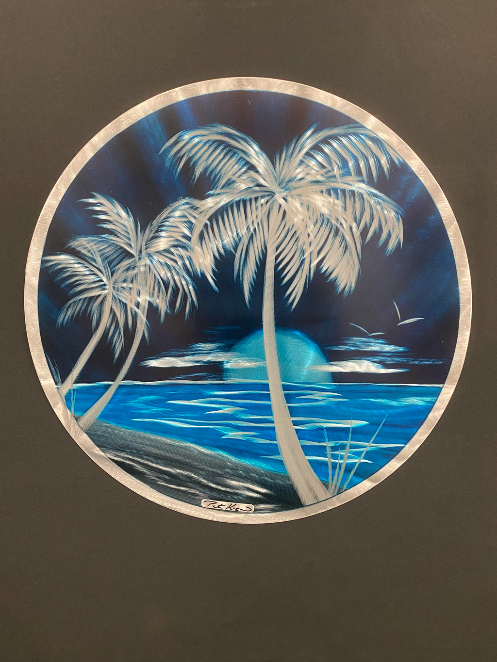 Blue Ocean/Sky Silver Palms Circle Pete Koza Metal Art