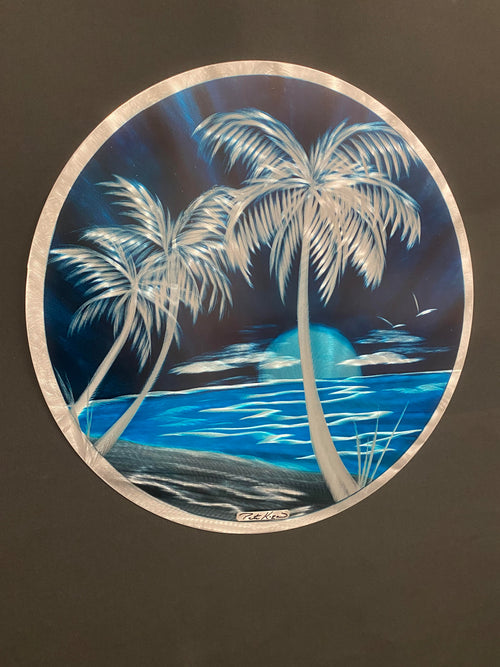 Blue Ocean/Sky Silver Palms Circle Pete Koza Metal Art